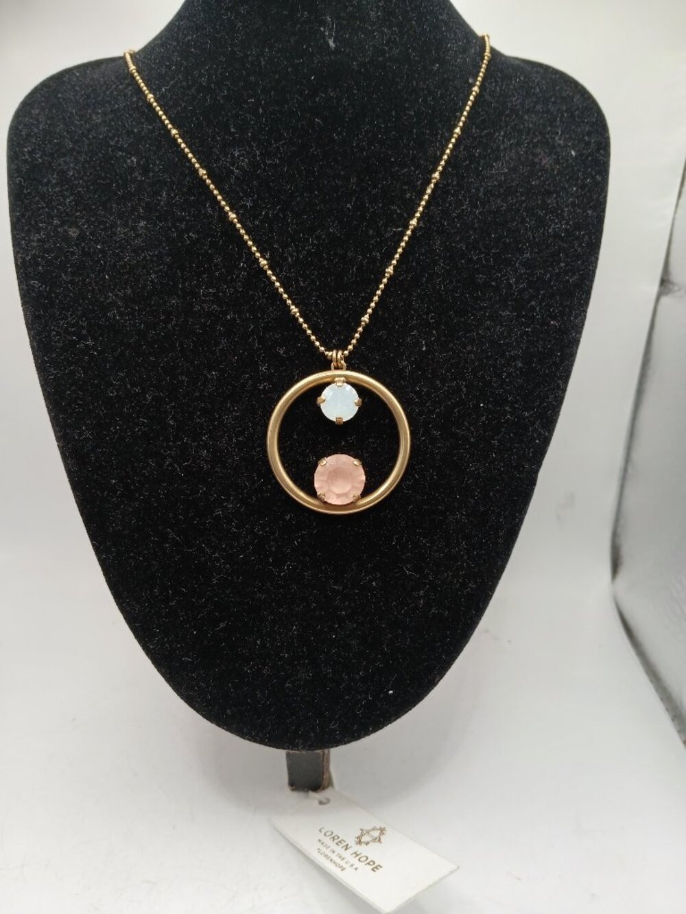 Loren Hope Circle Pendant necklace with 2 stones 24 inch with extension